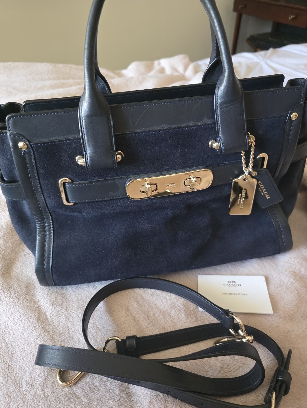 Coach Navy Suede and Leather Satchel with Gold Hardware